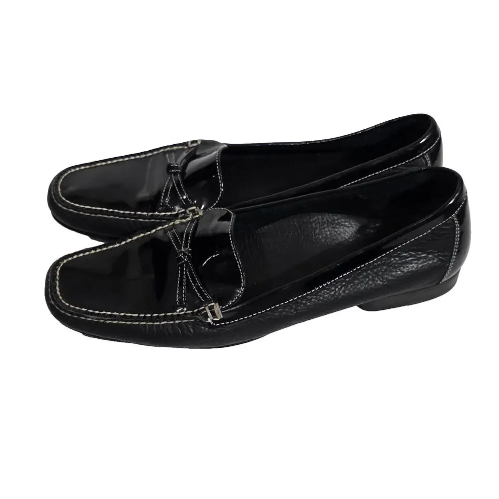 Cole Haan Black Patent & Leather Loafers with White Stitching - Picture 1 of 11